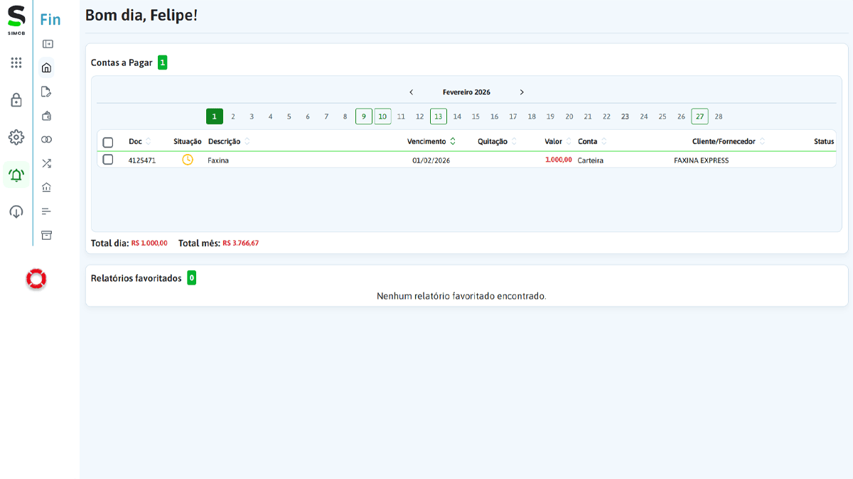 Tela de contas a pagar no SIMOB Flexpro exibindo controle financeiro com vencimentos, valores, status de quitação e rastreabilidade por cliente e conta.