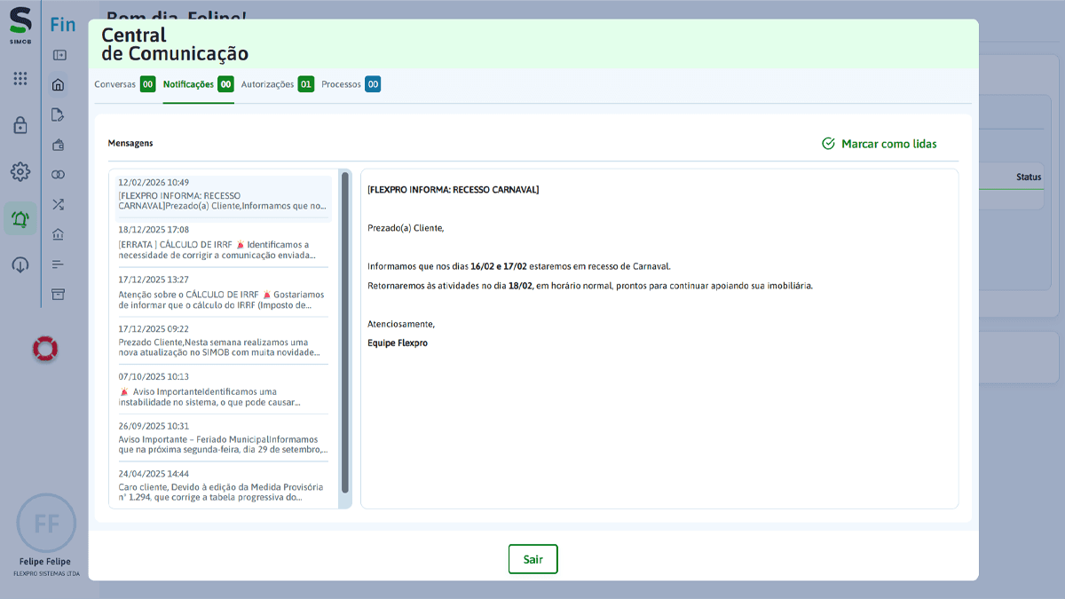 Tela da Central de Comunicação do SIMOB Flexpro exibindo notificações, autorizações e mensagens organizadas dentro do sistema de gestão imobiliária.