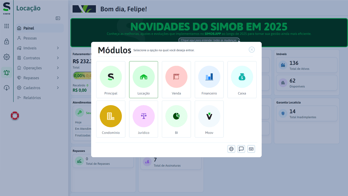 Janela de seleção de módulos do SIMOB Flexpro exibindo opções como Locação, Venda, Financeiro, Caixa, Condomínio, Jurídico e BI dentro do sistema de gestão imobiliária.